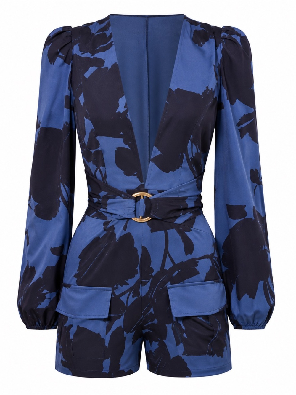 Blue & Black Floral Print V-Neck Belted Romper